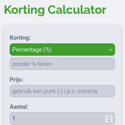 Screenshot van de https://brechtjevangessel.github.io/kortingCalculator